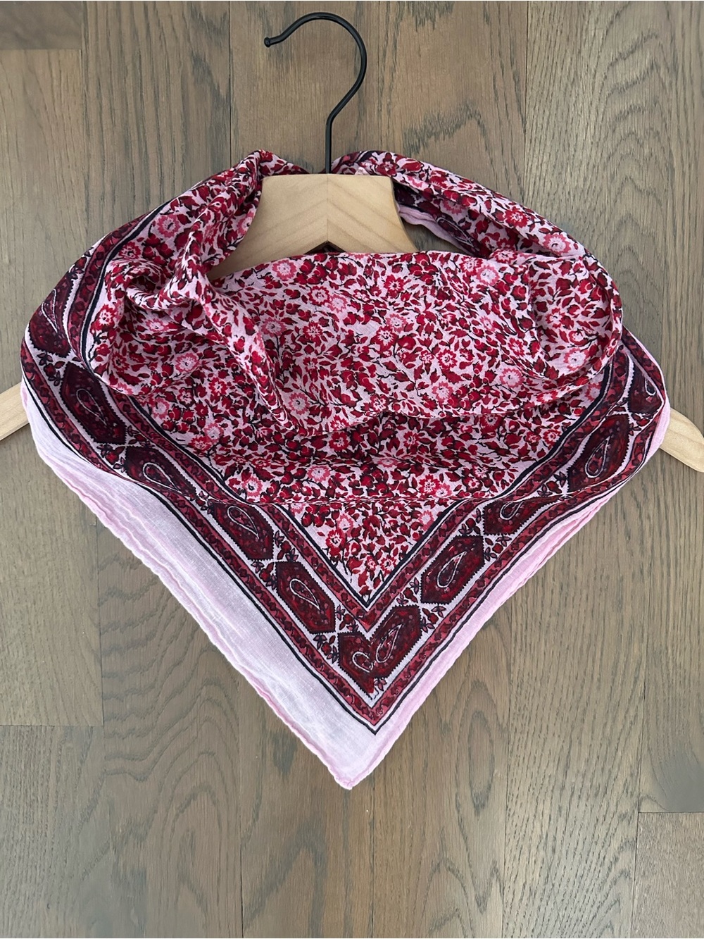 Vintage 1970s Block Print Floral Paisley Cotton Square Scarf Pink Multicolor 25"